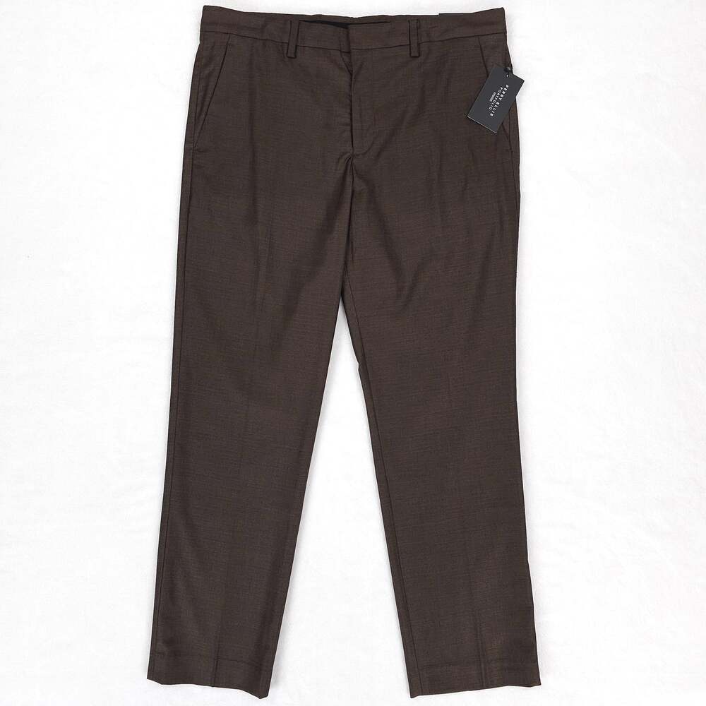 Perry Ellis Mens Modern Fit Dress Pants 38x32 Brown Tonal Grid Solid Stretch NWT